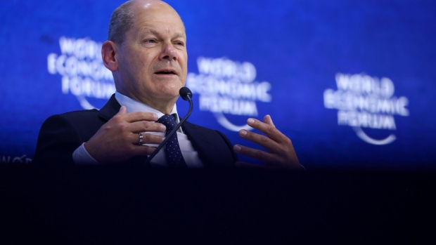 Olaf Scholz, Germany's chancellor, answers questions after delivering his special address on the closing day of the World Economic Forum (WEF) in Davos, Switzerland, on Thursday, May 26, 2022. The annual Davos gathering of political leaders, top executives and celebrities runs from May 22 to 26.