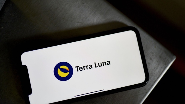 The Terra Luna stablecoin logo on a smartphone arranged in the Brooklyn borough of New York, US, on Monday, May 16, 2022. The collapse of the Terra ecosystem, and the tokens Luna and UST, will go down as one of the most painful and devastating chapters in crypto history. Photographer: Gabby Jones/Bloomberg