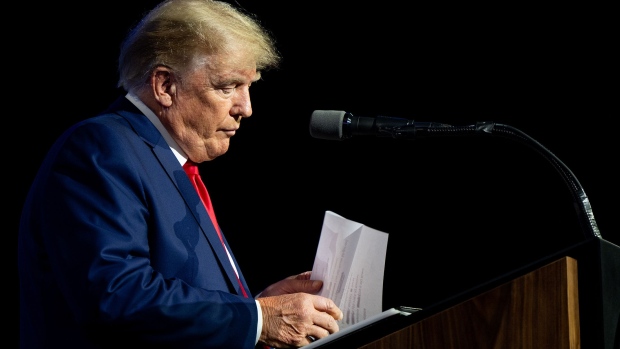 Former U.S. President Donald Trump prepares to read the names of the victims of the Uvalde mass shooting during the National Rifle Association (NRA) annual convention on May 27, 2022 in Houston, Texas. 