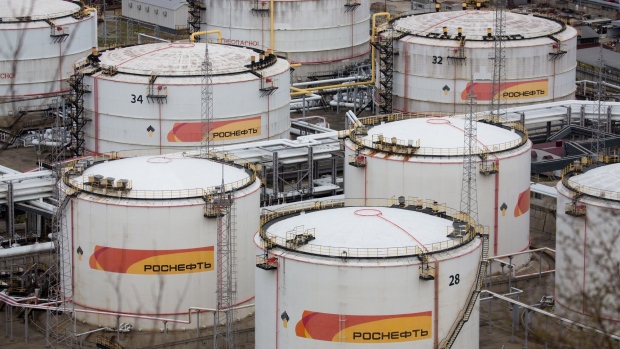Oil storage tanks stand at the RN-Tuapsinsky refinery, operated by Rosneft Oil Co., in Tuapse, Russia, on Monday, March 23, 2020. Major oil currencies have fallen much more this month following the plunge in Brent crude prices to less than $30 a barrel, with Russia’s ruble down by 15%.
