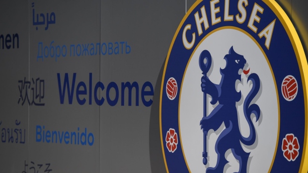 A Chelsea Football Club emblem at Stamford Bridge Stadium in London, U.K., on Friday, March 18, 2022. One side effect of Russia’s invasion of Ukraine is uncertainty about the future of London’s Chelsea Football Club, one of the most glamorous franchises in the world’s most popular sport. Photographer: Chris J. Ratcliffe/Bloomberg