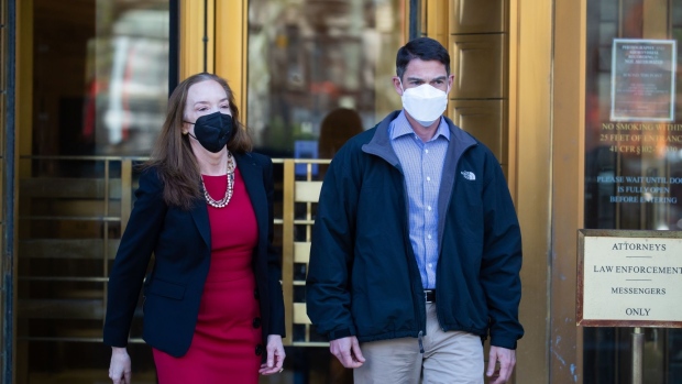 Patrick Halligan, chief financial officer of Archegos Capital Management LP, right, departs federal court in New York, U.S., on Wednesday, April 27, 2022. U.S. prosecutors charged Archegos Capital Management founder Bill Hwang and Halligan with fraud, in the latest fallout from the spectacular collapse of the family office.