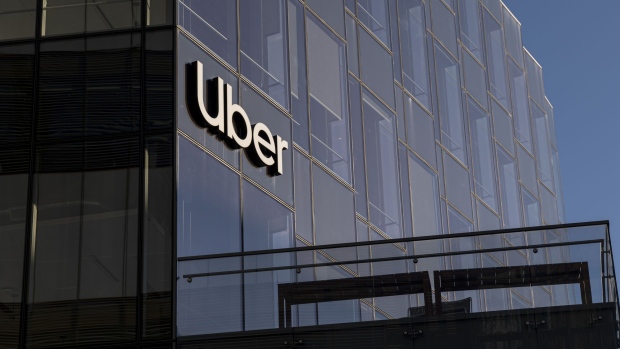Signage outside the Uber Technologies headquarters in San Francisco, California, U.S., on Tuesday, Feb. 8, 2022. Uber Technologies Inc. is scheduled to release earnings figures on February 9.