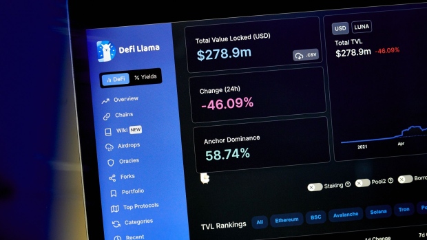 Terra stablecoin pricing on the DeFi Llama website on a laptop computer arranged in the Brooklyn borough of New York, US, on Monday, May 16, 2022. The collapse of the Terra ecosystem, and the tokens Luna and UST, will go down as one of the most painful and devastating chapters in crypto history. Photographer: Gabby Jones/Bloomberg
