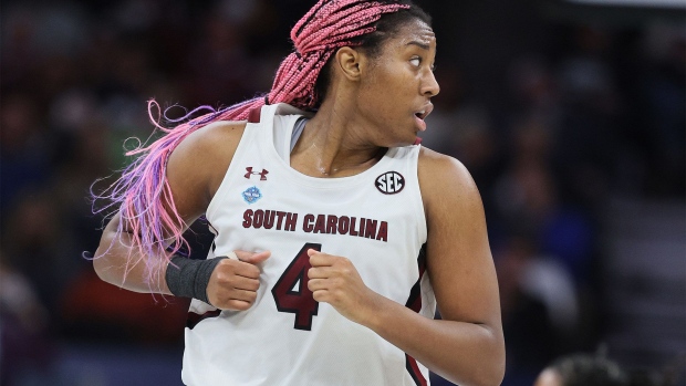 MINNEAPOLIS, MINNESOTA - APRIL 03: Aliyah Boston #4 of the South Carolina Gamecocks looks on in the third quarter against the UConn Huskies during the 2022 NCAA Women's Basketball Tournament National Championship game at Target Center on April 03, 2022 in Minneapolis, Minnesota. (Photo by Andy Lyons/Getty Images)