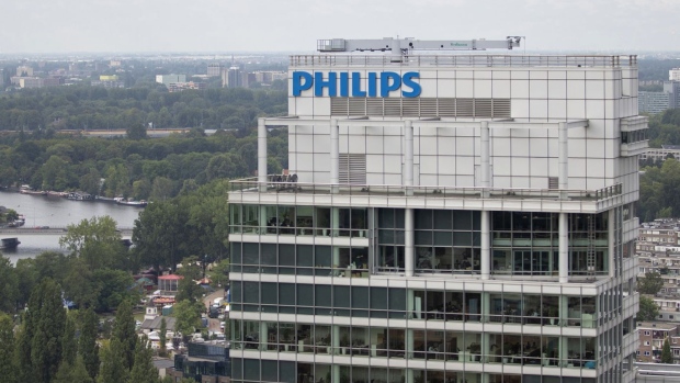 The headquarters of Koninklijke Philips NV stand as seen from an apartment inside the Amstel Tower residential block in Amsterdam.