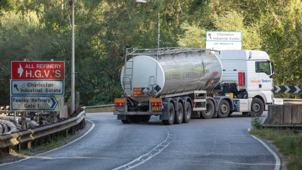 A tanker arrives at the Esso Fawley Oil Refinery, operated by Exxon Mobil Corp., in Fawley, near Southampton, U.K., on Monday, Sept. 27, 2021. The U.K. government took emergency measures late Sunday to try to ease acute fuel shortages across the country, as gasoline retailers shut pumps after days of panic buying.