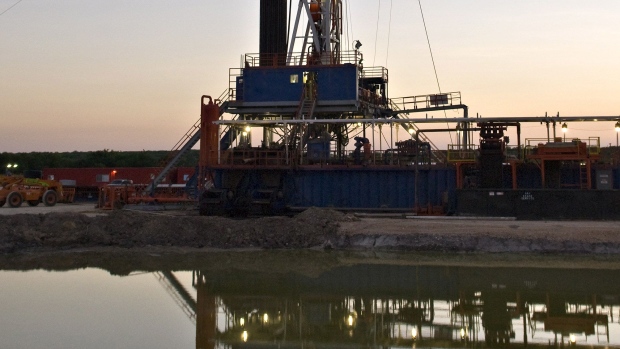 Gas drilling operations in the Eagle Ford shale in Karnes County, Texas.