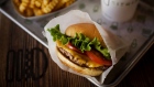 A burger, fries, and beverage at a Shake Shack restaurant in New York.
