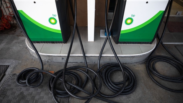 Fuel pump hoses at a BP Plc gas station in Thessaloniki, Greece, on Tuesday, March 22, 2022. Oil pushed higher ahead of high-level meetings that may result in fresh sanctions on Russia, and as storm damage to a vital Black Sea export terminal compounded supply risks. Photographer: Konstantinos Tsakalidis/Bloomberg