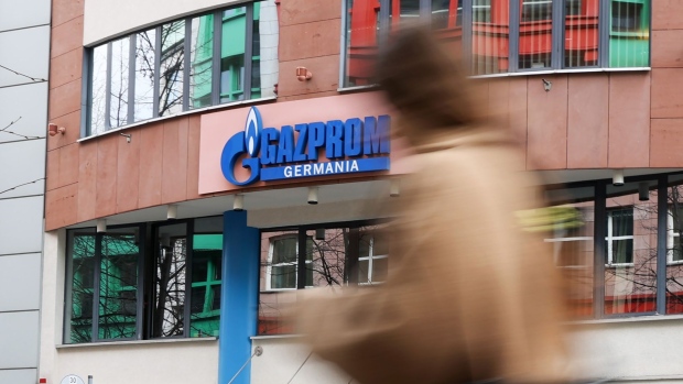 Signage for Gazprom Germania Gmbh at the building that houses the company's corporate headquarters in Berlin.