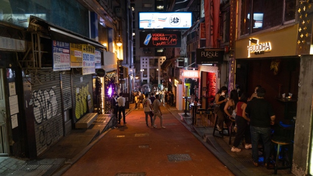 The Lan Kwai Fong nightlife area in Hong Kong, China, on Thursday, May 19, 2022. Hong Kong relaxed virus curbs despite recording hundreds of cases a day, as the city's Covid policy drifts further from Beijing's zero-tolerance approach.