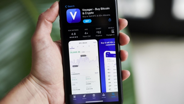 The Voyager Digital Ltd. application for download in the Apple App Store on a smartphone arranged in Little Falls, New Jersey, U.S., on Saturday, May 22, 2021. Elon Musk continued to toy with the price of Bitcoin Monday, taking to Twitter to indicate support for what he says is an effort by miners to make their operations greener.