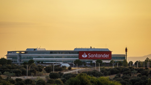 The headquarters of Banco Santander SA stands at dusk in Boadilla del Monte, outside Madrid, Spain, on Friday, July 24, 2020. Banks in Italy and Spain, among the most exposed to swings in European sovereign bonds, don’t plan to make use of capital relief intended to soften the impact of potential losses from such debt.