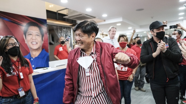 Ferdinand "BongBong" Marcos Jr., Philippines presidential candidate, arrives at his campaign headquarters in Mandaluyong City, Manila, the Philippines, on Monday, May 9, 2022. Marcos Jr. is poised for a landslide victory in the Philippines presidential election, bringing his family back to power in Manila 36 years after his dictator father fled the country. Photographer: Veejay Villafranca/Bloomberg