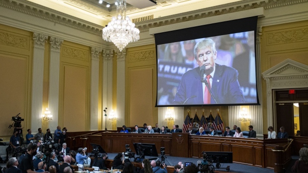 Former US President Donald Trump displayed on a screen during a hearing of the Select Committee to Investigate the January 6th Attack on the US Capitol in Washington, D.C., on June 21. Photographer: Al Drago/Bloomberg