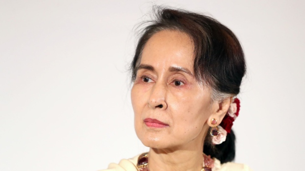 Aung San Suu Kyi, Myanmar state counselor, pauses while speaking during the Singapore Lecture in Singapore, on Tuesday, Aug. 21, 2018. Myanmar is working with Bangladesh to resettle refugees back in the country but "the danger of terrorist activity" that fanned tensions in the restive Rakhine state remains "real", Suu Kyi said at the 43rd Singapore Lecture. Photographer: Paul Miller/Bloomberg