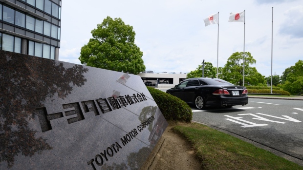 Signage for Toyota Motor Corp. displayed outside the company's headquarters in Toyota, Aichi Prefecture, Japan, on Monday, June 13, 2022. Toyota will hold its annual shareholders' meeting on June 15.