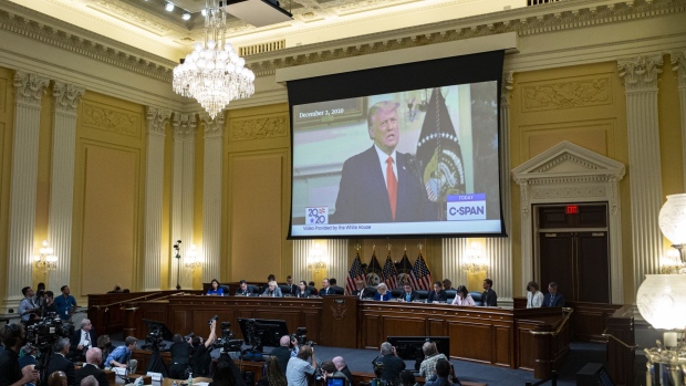 Former US President Donald Trump displayed on a screen during a hearing of the Select Committee to Investigate the January 6th Attack on the US Capitol in Washington, D.C., US, on Tuesday, June 21, 2022. The committee investigating the Jan. 6, 2021 insurrection at the US Capitol is set to outline aggressive efforts by former President Donald Trump and his allies to pressure state officials to help overturn Joe Biden's 2022 election.