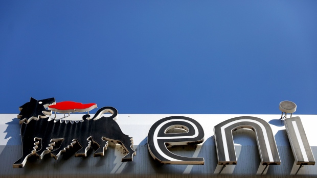 The ENI SpA logo sits on the company's gas station in Rome, Italy, on Friday, April 24, 2020. Eni reported a 94% drop in first-quarter profit and cut its production forecast for the year as demand is crushed by the coronavirus pandemic. Photographer: Alessia Pierdomenico/Bloomberg