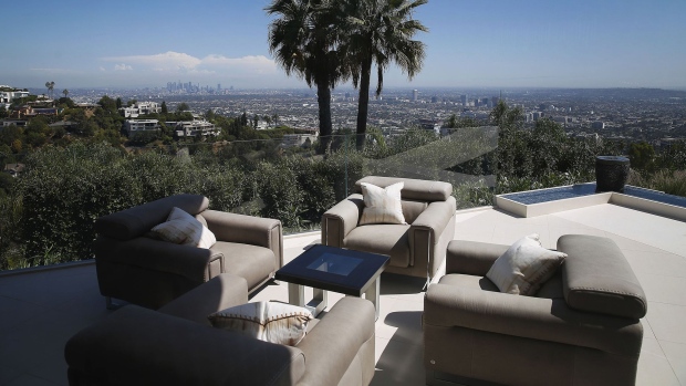 Downtown Los Angeles is seen from the balcony of 1181 N. Hillcrest Road at Trousdale Estates in Beverly Hills, California.