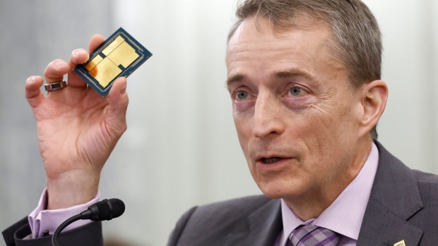 Patrick Gelsinger holds a circuit die during a Senate hearing in Washington, D.C in March 2022. 