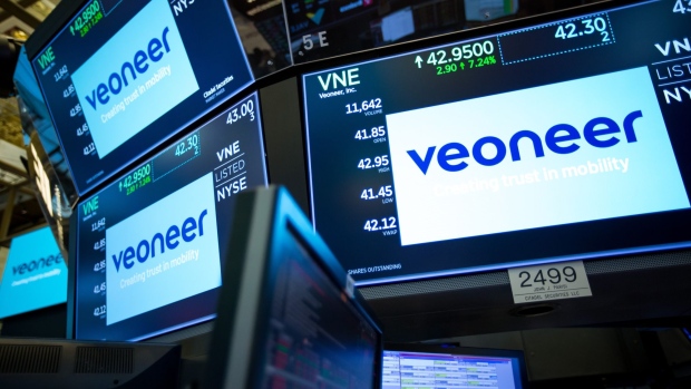 Veoneer Inc. signage during the company's first day of trading on the floor of the New York Stock Exchange (NYSE) in New York, U.S., Photographer: Michael Nagle/Bloomberg