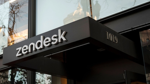 Signage is displayed at Zendesk Inc. headquarters in San Francisco, California, U.S., on Wednesday, Oct. 2, 2019. Zendesk fell 5.6% yesterday as its sector declined. Trading in the company's put options was double the average.