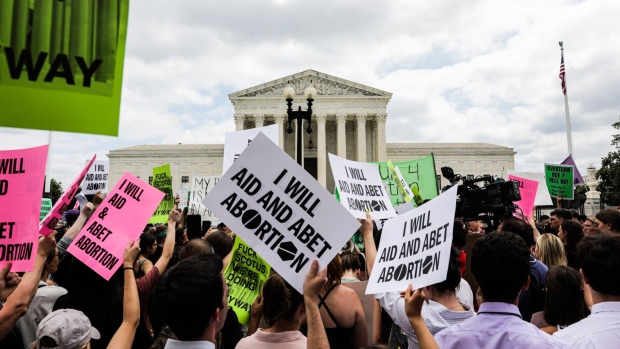 Abortion rights demonstrators outside the US Supreme Court in Washington, D.C., US, on Friday, June 24, 2022. A deeply divided Supreme Court overturned the 1973 Roe v. Wade decision and wiped out the constitutional right to abortion, issuing a historic ruling likely to render the procedure largely illegal in half the country.