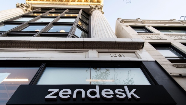 Signage is displayed at Zendesk Inc. headquarters in San Francisco, California, U.S., on Wednesday, Oct. 2, 2019. Zendesk fell 5.6% yesterday as its sector declined. Trading in the company's put options was double the average.