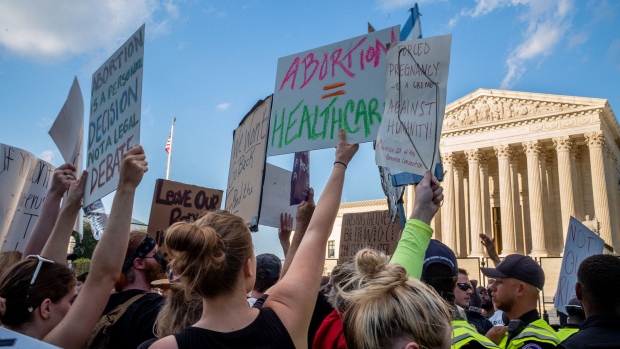 Abortion-rights demonstrators protest in front of the Supreme Court building in Washington, D.C., on June 25, 2022.