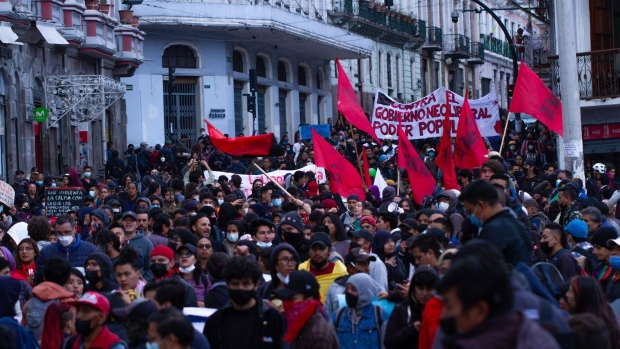 Demonstrators during an Indigenous Land Workers' Movement protest in Quito on June 13. Photographer: David Diaz Arcos/Bloomberg