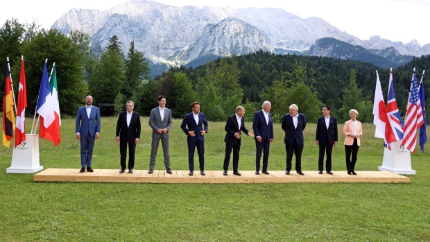G-7 leaders at the Schloss Elmau luxury hotel in Elmau, Germany. Photographer: Liesa Johannssen-Koppitz/Bloomberg