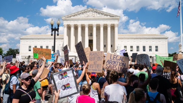 Abortion rights demonstrators chant outside the US Supreme Court in Washington, D.C., US, on Saturday, June 25, 2022. The US Supreme Court overturned the 1973 Roe v. Wade decision Friday and wiped out the constitutional right to abortion, issuing a historic ruling likely to render the procedure largely illegal in half the country.