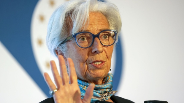 Christine Lagarde, president of the European Central Bank (ECB), speaks at the ECB And Its Watchers conference in Frankfurt, Germany, on Thursday, March 17, 2022. Lagarde stressed policy makers' ability to alter course if needed as Russia's war in Ukraine risks setting in motion "new inflationary trends" that may take some time to emerge. Photographer: Alex Kraus/Bloomberg