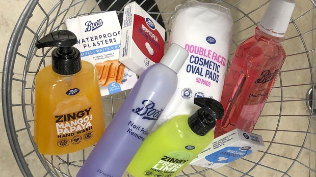 A selection of Boots products in a shopping basket arranged in Nottingham, U.K., on Tuesday, Feb. 1, 2022. Walgreens Boots Alliance Inc. has kicked off the sales process for its Boots international pharmacy unit as fresh buyout firms, including Sycamore Partners, consider bids, said people with knowledge of the matter.