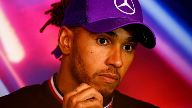 MONTREAL, QUEBEC - JUNE 19: Third placed Lewis Hamilton of Great Britain and Mercedes attends the press conference after the F1 Grand Prix of Canada at Circuit Gilles Villeneuve on June 19, 2022 in Montreal, Quebec. (Photo by Clive Mason/Getty Images)