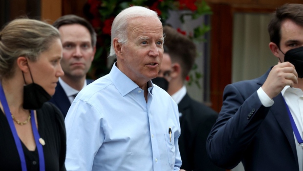 US President Joe Biden on day two of the Group of Seven (G-7) leaders summit at the Schloss Elmau luxury hotel in Elmau, Germany, on Monday, June 27, 2022. G-7 nations are set to announce an effort to pursue a price cap on Russian oil, US officials said, though there is not yet a hard agreement on curbing what is a key source of revenue for Vladimir Putin for his war in Ukraine.