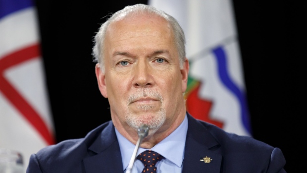 John Horgan, British Columbia's premier, listens during a news conference following the Canada's Premiers meeting in Toronto, Ontario, Canada, on Monday, Dec. 2, 2019. The premiers will put together a list of priorities to present to Prime Minister Justin Trudeau at the first ministers' meeting, expected in January.