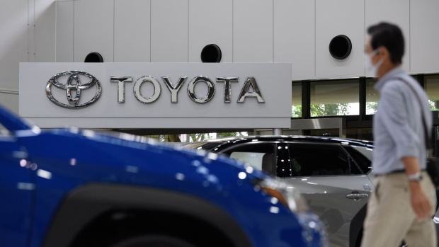 The Toyota Motor Corp. logo displayed at the company's showroom in Toyota City, Aichi Prefecture, Japan, on Monday, June 13, 2022. Toyota will hold its annual shareholders' meeting on June 15.