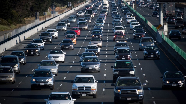 Vehicles in traffic travel eastbound on Interstate 80 in Berkeley, California.