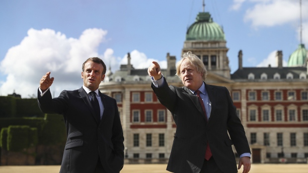 Boris Johnson, U.K. prime minister, right, and Emmanuel Macron, France's president, in London, in June 2020. 