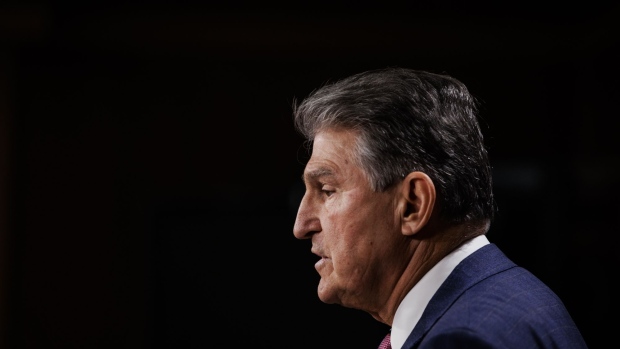Senator Joe Manchin, a Democrat from West Virginia, speaks during a news conference at the U.S. Capitol in Washington, D.C., U.S., on Monday, Nov. 1, 2021. Manchin said Congress needs more time to assess the impact of President Biden's $1.75 trillion tax and spending package on the economy and the national debt, a severe setback to any chances of quick action on the plan.