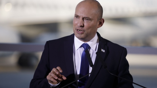 Naftali Bennett, Israel's prime minister, speaks during an event at Ben Gurion International Airport in Tel Aviv, Israel, on Tuesday, June 22, 2021. Israel's new coalition will govern with the slimmest majorities -- commanding 61 of parliament’s 120 seats -- and runs the gamut of Israeli
