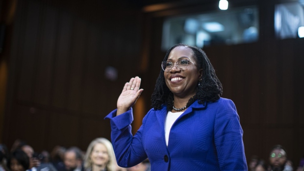 Ketanji Brown Jackson, associate justice of the U.S. Supreme Court nominee for U.S. President Joe Biden, swears in to a Senate Judiciary Committee confirmation hearing in Washington, D.C., U.S., on Monday, March 21, 2022. Jackson will make history today as she goes before a Senate panel considering her nomination to be the first Black woman on the U.S. Supreme Court.