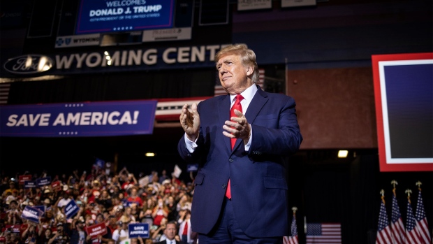 CASPER, WY - MAY 28: Former President Donald Trump arrives to speak at a rally on May 28, 2022 in Casper, Wyoming. The rally is being held to support Harriet Hageman, Rep. Liz Cheney’s primary challenger in Wyoming. (Photo by Chet Strange/Getty Images) Photographer: Chet Strange/Getty Images