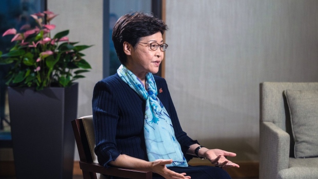 Carrie Lam, Hong Kong's outgoing chief executive, speaks during a Bloomberg Television interview in Hong Kong, China, on Tuesday, June 14, 2022. Lam said the city’s hotel quarantine has weakened the city’s position as a financial hub.