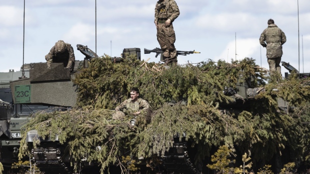 A British Army Challenger 2 main battle tank during the Finnish Army Arrow 22 training exercise, with participating forces from the U.K., Latvia, U.S. and Estonia, in Niinisalo, Finland, on Wednesday, May 4, 2022. Swedes and Finns are increasingly in favor of joining the NATO defense bloc after Russia's invasion of Ukraine, adding pressure on the countries' leaders to change long-standing policies of military non-alignment.