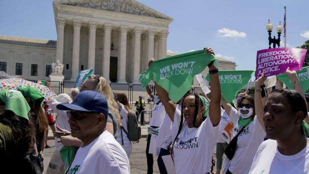 Abortion rights demonstrators during a protest outside the US Supreme Court in Washington, D.C., US, on Thursday, June 30, 2022. President Biden today said he would support changing the Senate's filibuster rules to pass legislation ensuring privacy rights and access to abortion, calling the Supreme Court "destabilizing" for controversial decisions, including overturning Roe v. Wade.