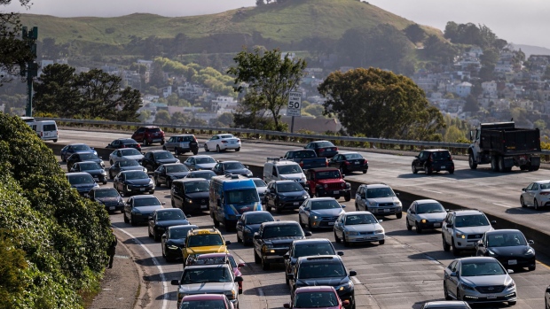 Vehicles on Highway 101 in San Francisco, California, U.S., on Tuesday, March 29, 2022. California Governor Gavin Newsom's proposal to give $400 to every car owner to offset record-high gasoline prices has prompted criticism that it undercuts the states aggressive climate goals.